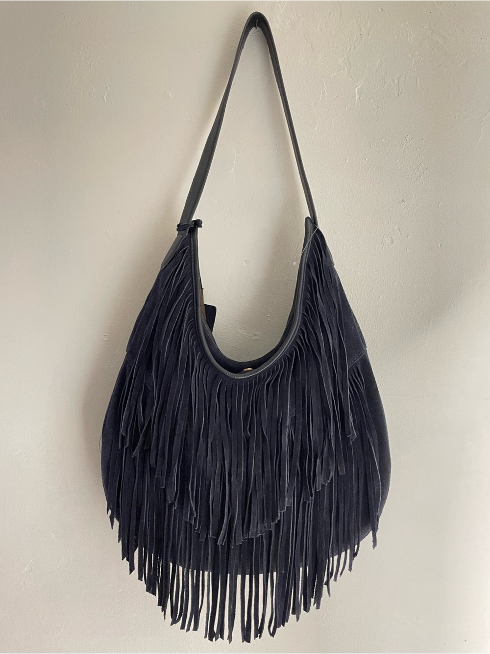 NWT Vilenca Holland Navy Blue Suede Fringe Hobo Bag Boho Festival Western New